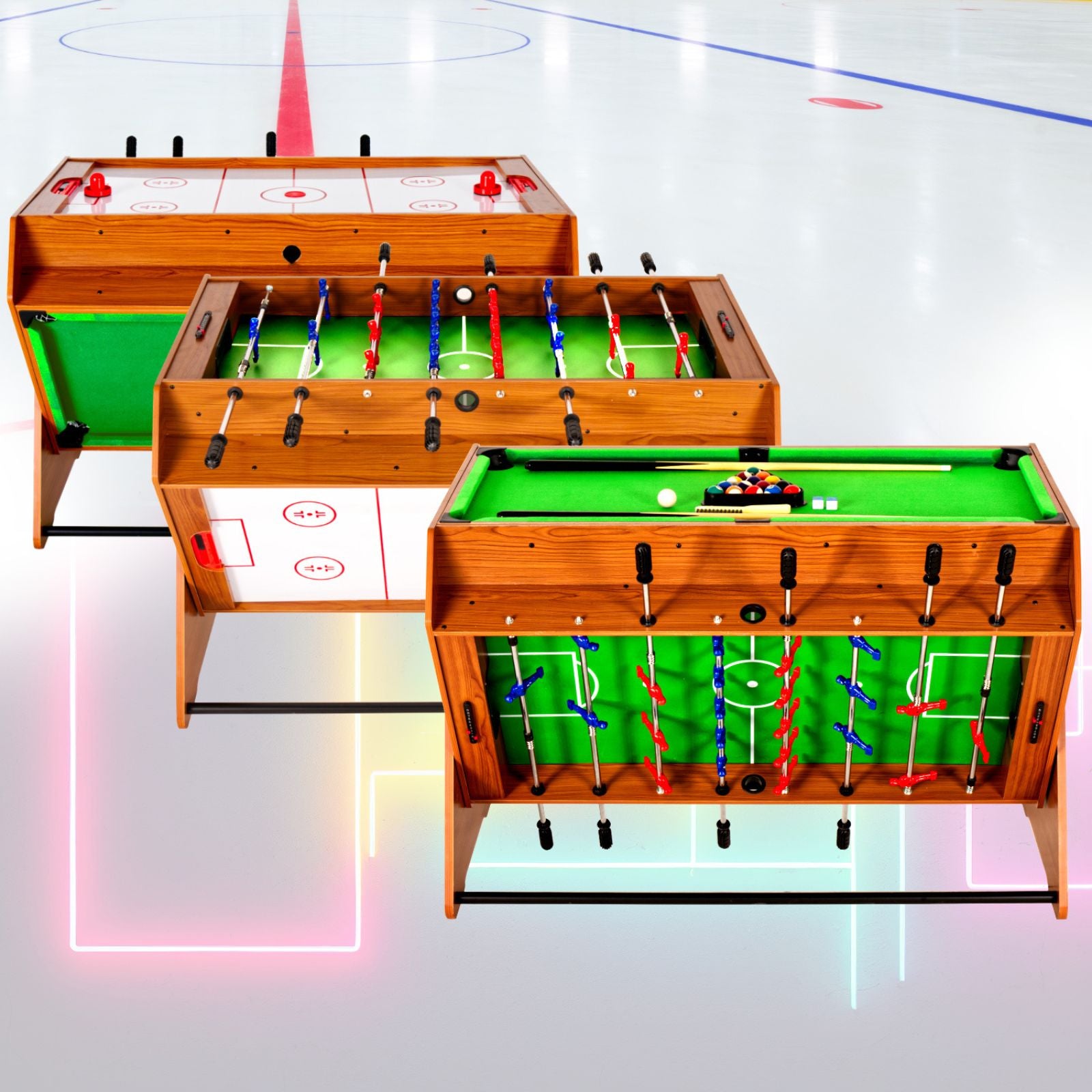 3-in-1 Drehbarer Spieltisch - Thunder Ultimate - Tischfußball / Airhockey / Billard