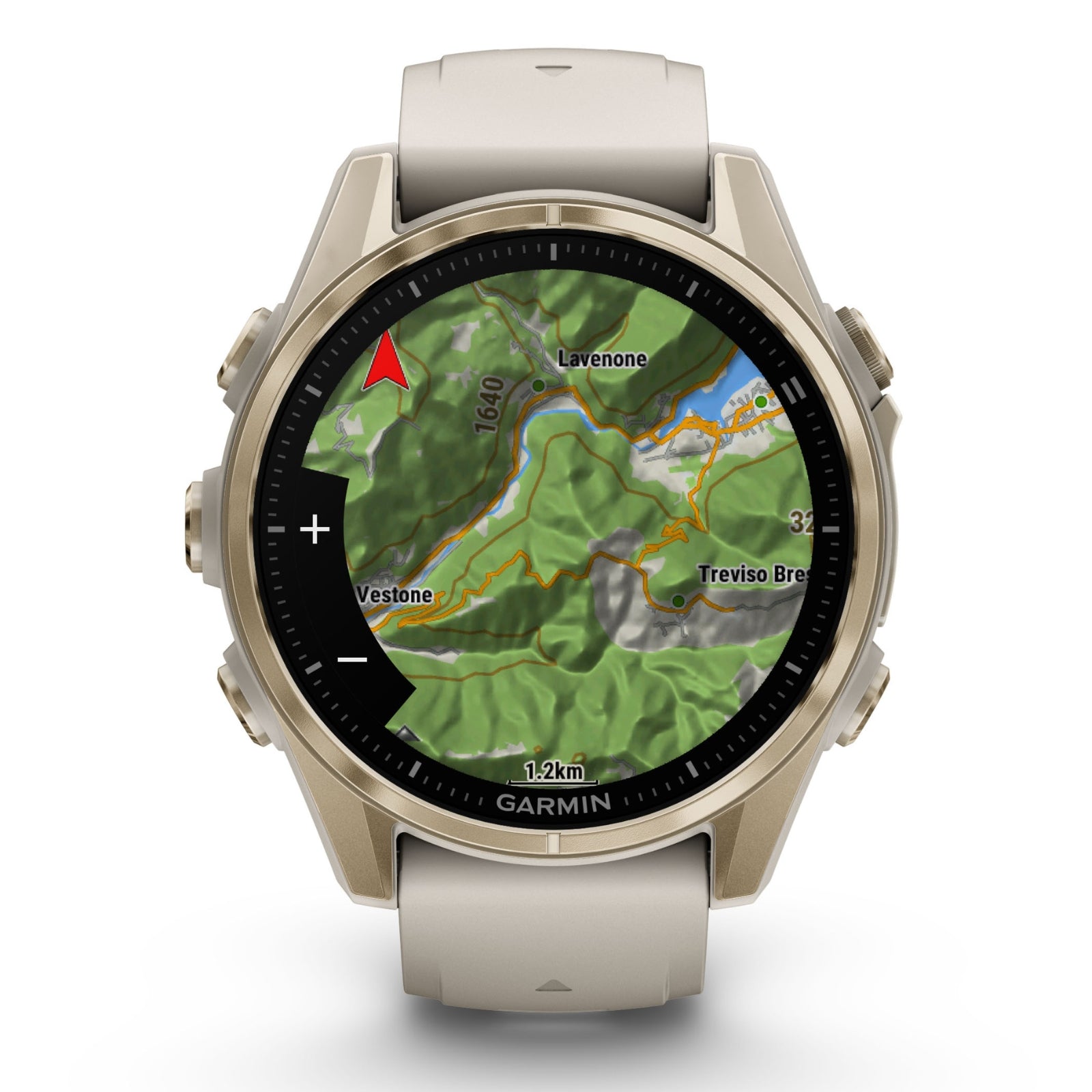 Garmin Fenix 8 Sapphire – 43 mm / AMOLED – Soft Gold mit nebelgrauem/dunklem Sandstein-Silikonarmband – Premium-Multisportuhr