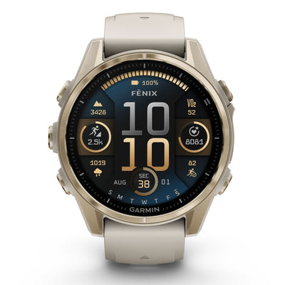 Garmin Fenix 8 Sapphire – 43 mm / AMOLED – Soft Gold mit nebelgrauem/dunklem Sandstein-Silikonarmband – Premium-Multisportuhr