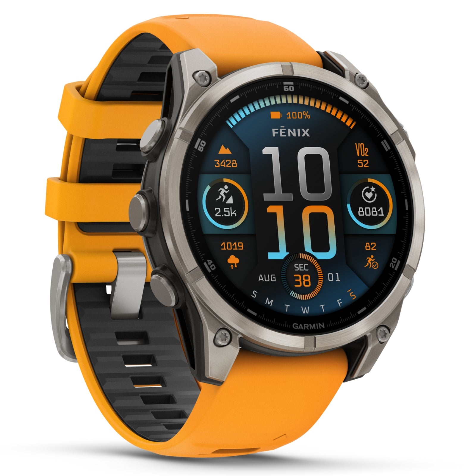 Garmin Fenix 8 Sapphire – 47 mm & 51 mm / AMOLED – Titan mit Spark-orangefarbenem Silikonarmband – Premium-Multisportuhr