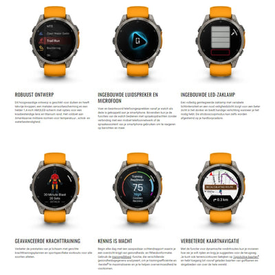 Garmin Fenix 8 Sapphire – 47 mm & 51 mm / AMOLED – Titan mit Spark-orangefarbenem Silikonarmband – Premium-Multisportuhr