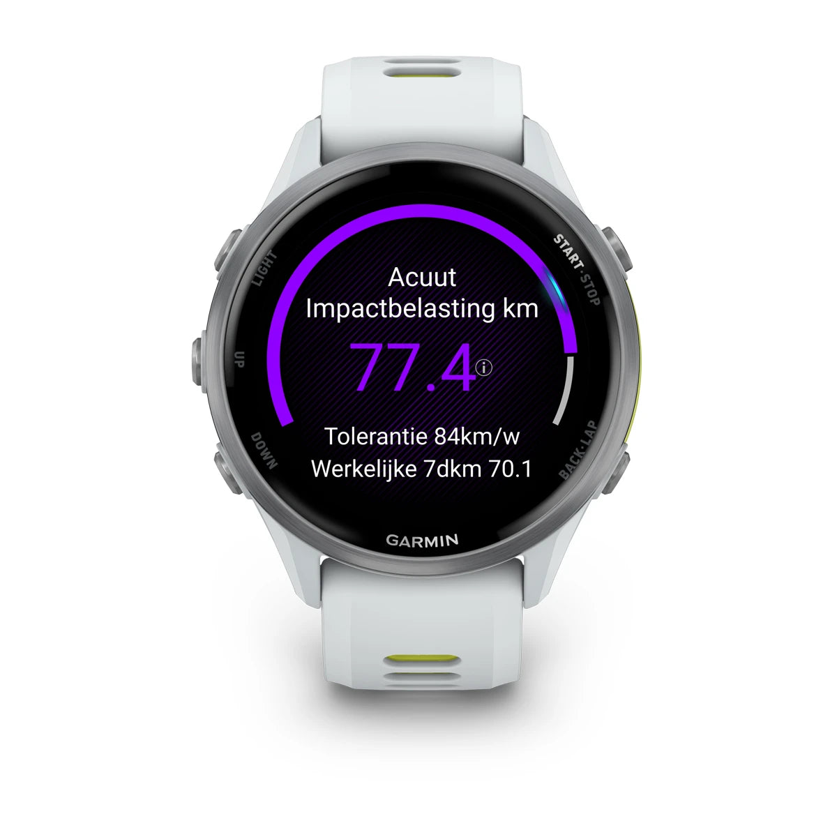 Garmin Forerunner 970 – 47 mm – Premium-Laufuhr – Titan mit Whitestone-Gehäuse und Whitestone-/transparentem und gelbem Armband