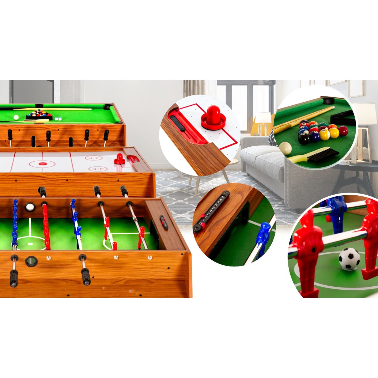 3-in-1 Drehbarer Spieltisch - Thunder Ultimate - Tischfußball / Airhockey / Billard