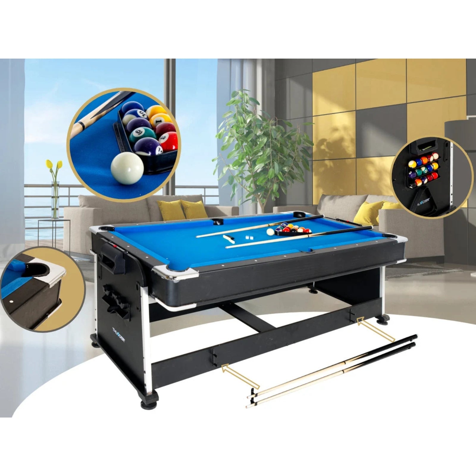 4-in-1 Multifunktionsspieltisch – Thunder Crush 7FT – Billardtisch / Airhockey / Tischtennis / Esstisch – 203 x 112 x 82 cm