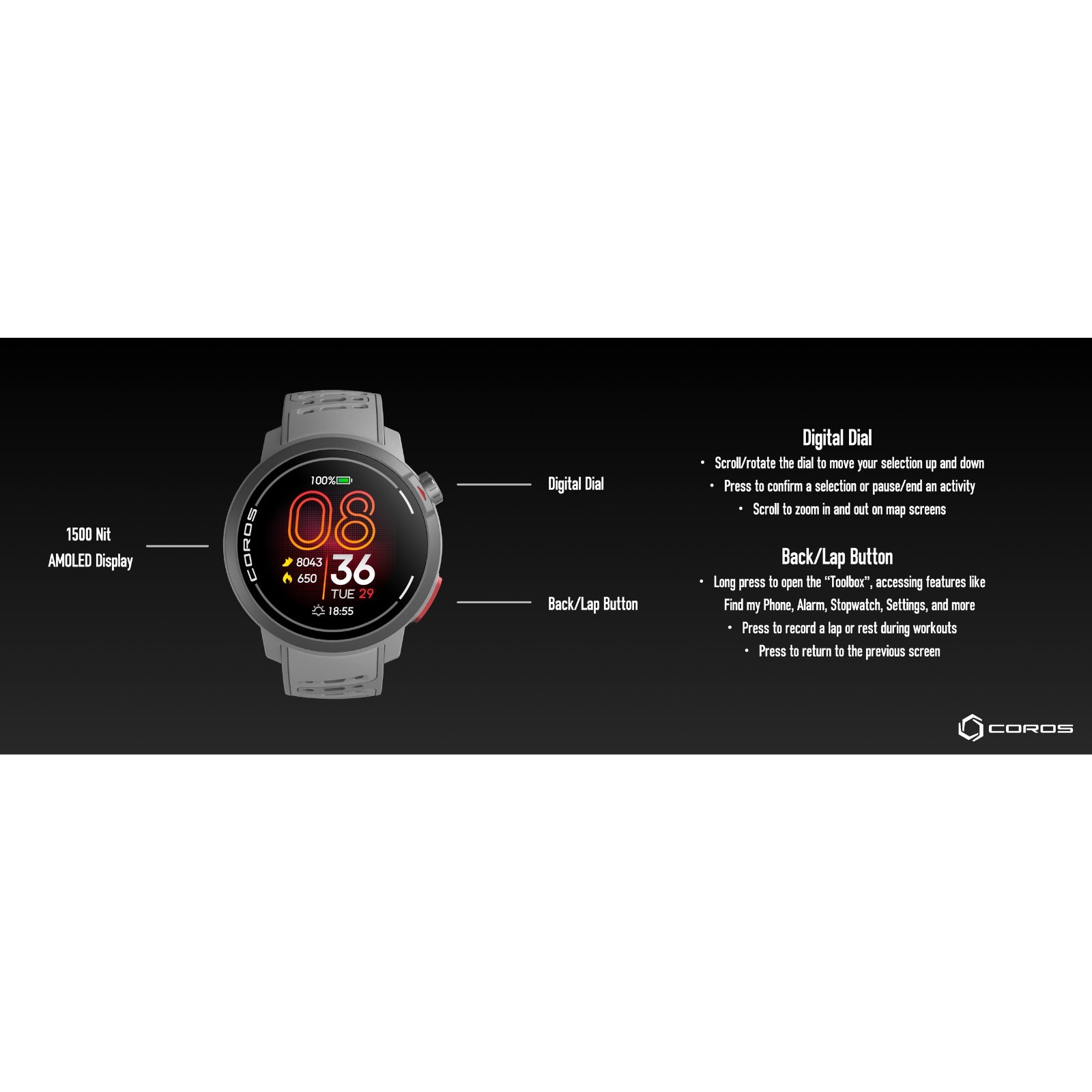Coros PACE Pro Gray (AMOLED) – GPS Sport- und Abenteueruhr / Multisportuhr