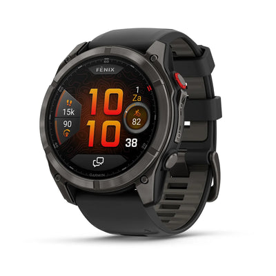Garmin Fenix ​​8 Pro Sapphire – 51 mm / AMOLED – Carbongraues DLC-Titan mit schwarzem/kieselgrauem Silikonarmband – Premium-Multisportuhr