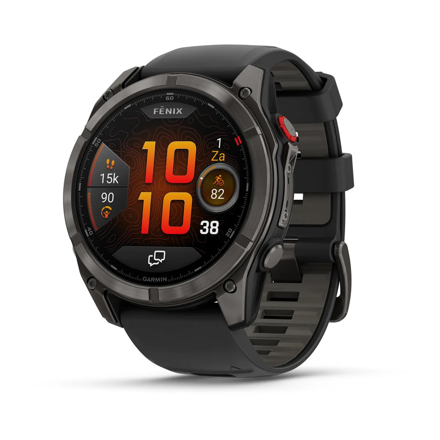 Garmin Fenix ​​8 Pro Sapphire – 51 mm / AMOLED – Carbongraues DLC-Titan mit schwarzem/kieselgrauem Silikonarmband – Premium-Multisportuhr