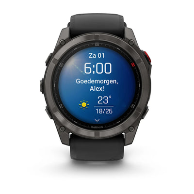 Garmin Fenix ​​8 Pro Sapphire – 51 mm / AMOLED – Carbongraues DLC-Titan mit schwarzem/kieselgrauem Silikonarmband – Premium-Multisportuhr
