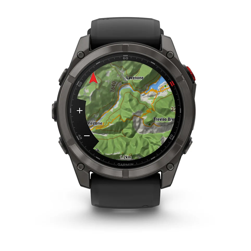 Garmin Fenix ​​8 Pro Sapphire – 51 mm / AMOLED – Carbongraues DLC-Titan mit schwarzem/kieselgrauem Silikonarmband – Premium-Multisportuhr
