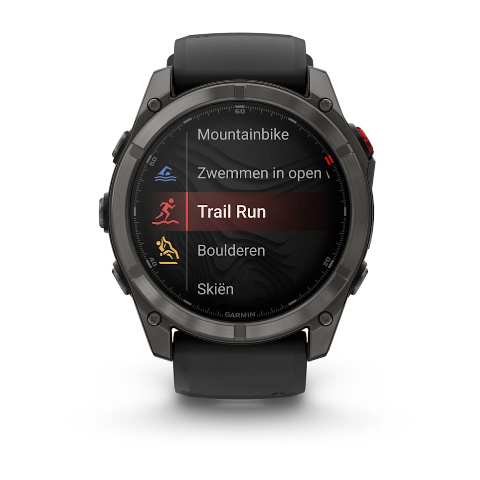 Garmin Fenix ​​8 Pro Sapphire – 51 mm / AMOLED – Carbongraues DLC-Titan mit schwarzem/kieselgrauem Silikonarmband – Premium-Multisportuhr