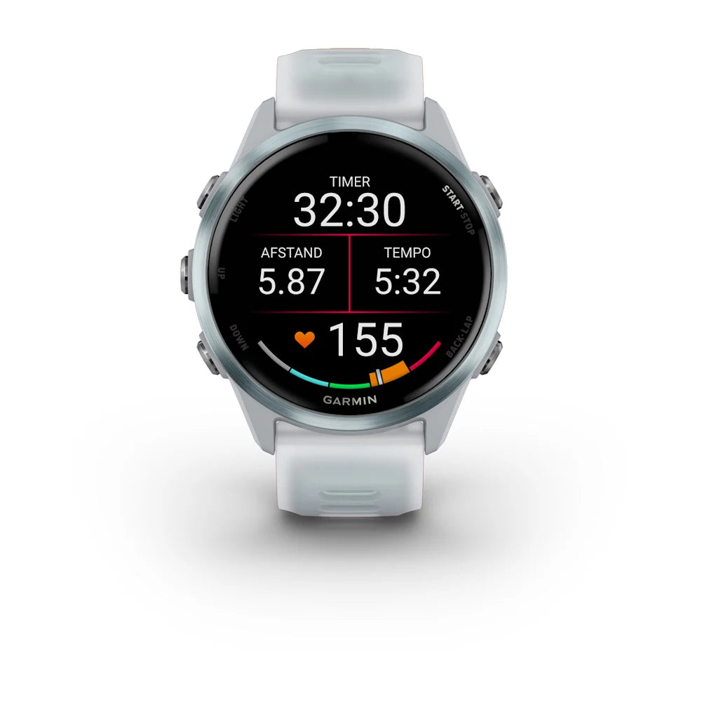 Garmin Forerunner 570 – 42 mm – Premium-Laufuhr – Wolkenblaues Aluminium mit transparentem Whitestone/Wolkenblau-Armband