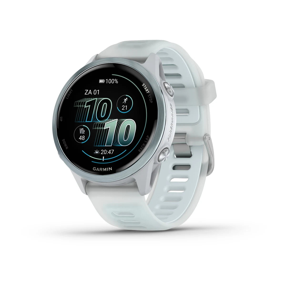 Garmin Forerunner 570 – 42 mm – Premium-Laufuhr – Wolkenblaues Aluminium mit transparentem Whitestone/Wolkenblau-Armband