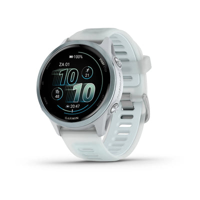 Garmin Forerunner 570 – 42 mm – Premium-Laufuhr – Wolkenblaues Aluminium mit transparentem Whitestone/Wolkenblau-Armband