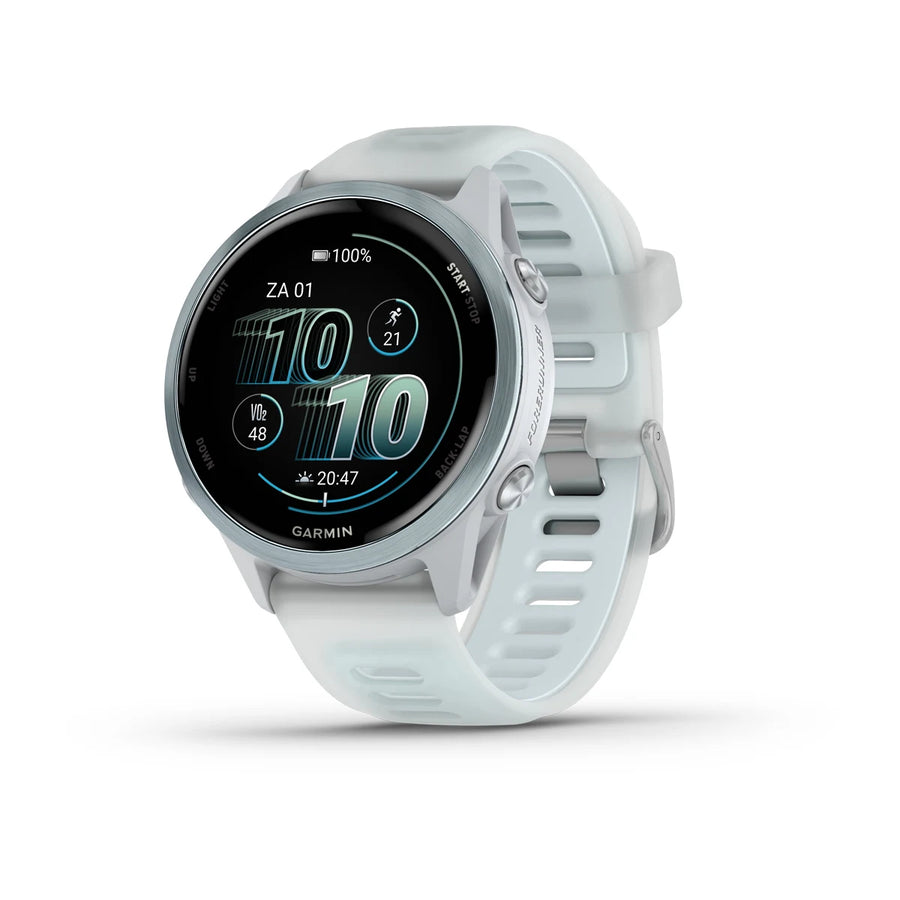 Garmin Forerunner 570 – 42 mm – Premium-Laufuhr – Wolkenblaues Aluminium mit transparentem Whitestone/Wolkenblau-Armband