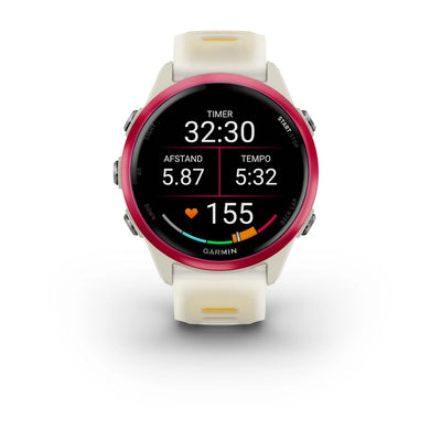Garmin Forerunner 570 – 42 mm – Premium-Laufuhr – Himbeer-Aluminium mit transparentem Knochen-/Mango-Armband