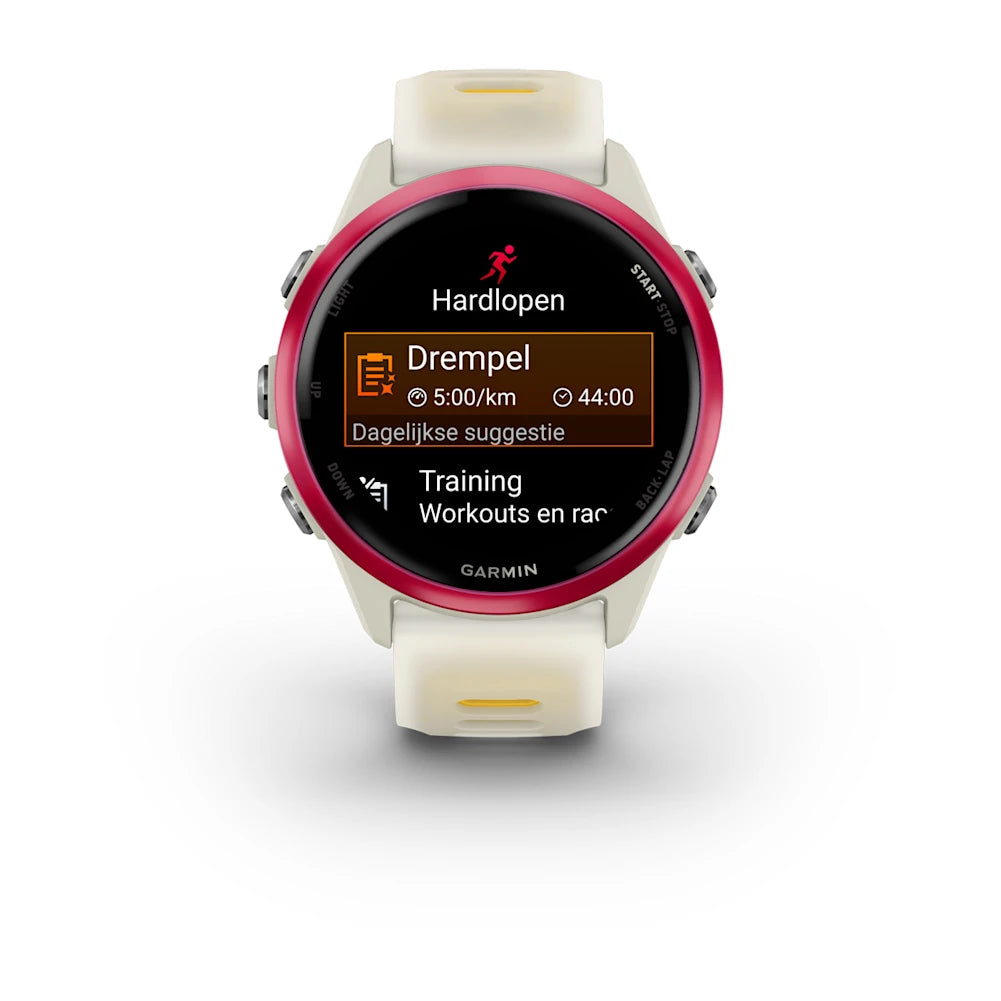 Garmin Forerunner 570 – 42 mm – Premium-Laufuhr – Himbeer-Aluminium mit transparentem Knochen-/Mango-Armband