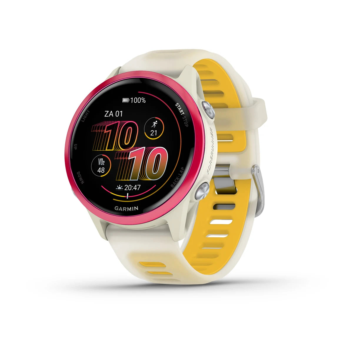 Garmin Forerunner 570 – 42 mm – Premium-Laufuhr – Himbeer-Aluminium mit transparentem Knochen-/Mango-Armband