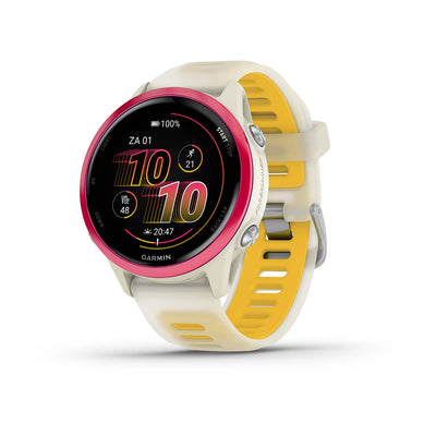 Garmin Forerunner 570 – 42 mm – Premium-Laufuhr – Himbeer-Aluminium mit transparentem Knochen-/Mango-Armband