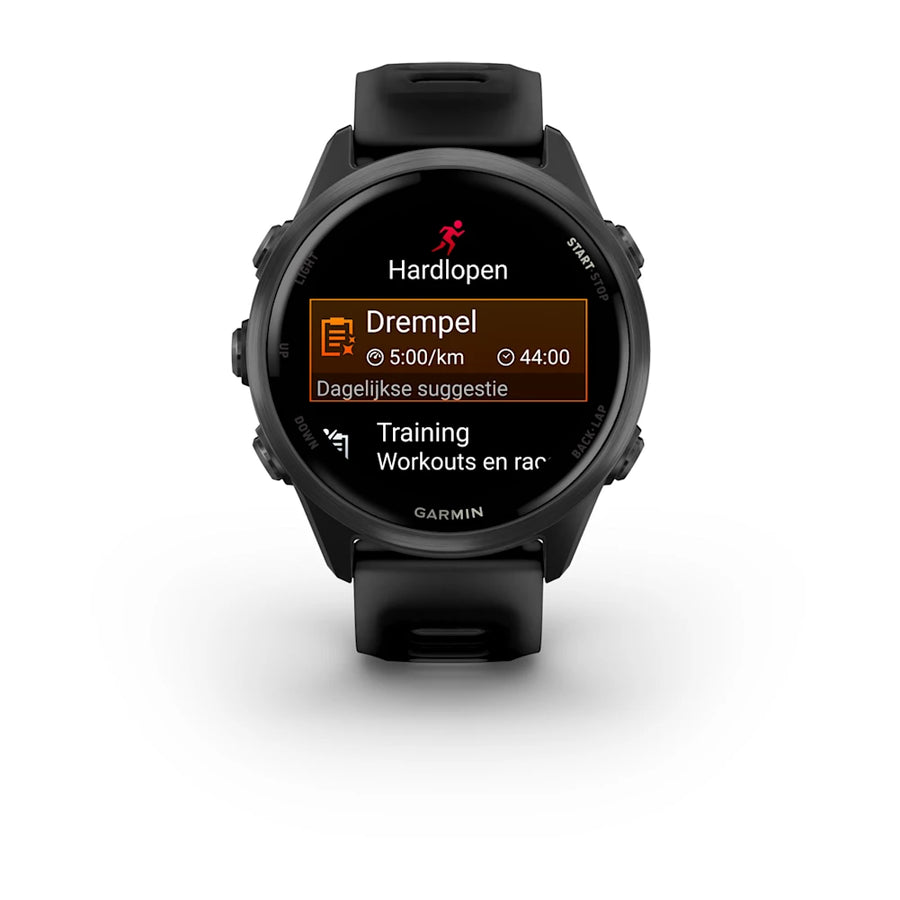 Garmin Forerunner 570 – 42 mm – Premium-Laufuhr – Schiefergraues Aluminium mit transparentem schwarz/schwarzem Armband