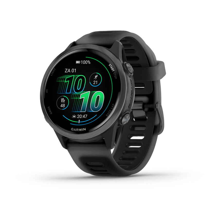 Garmin Forerunner 570 – 42 mm – Premium-Laufuhr – Schiefergraues Aluminium mit transparentem schwarz/schwarzem Armband