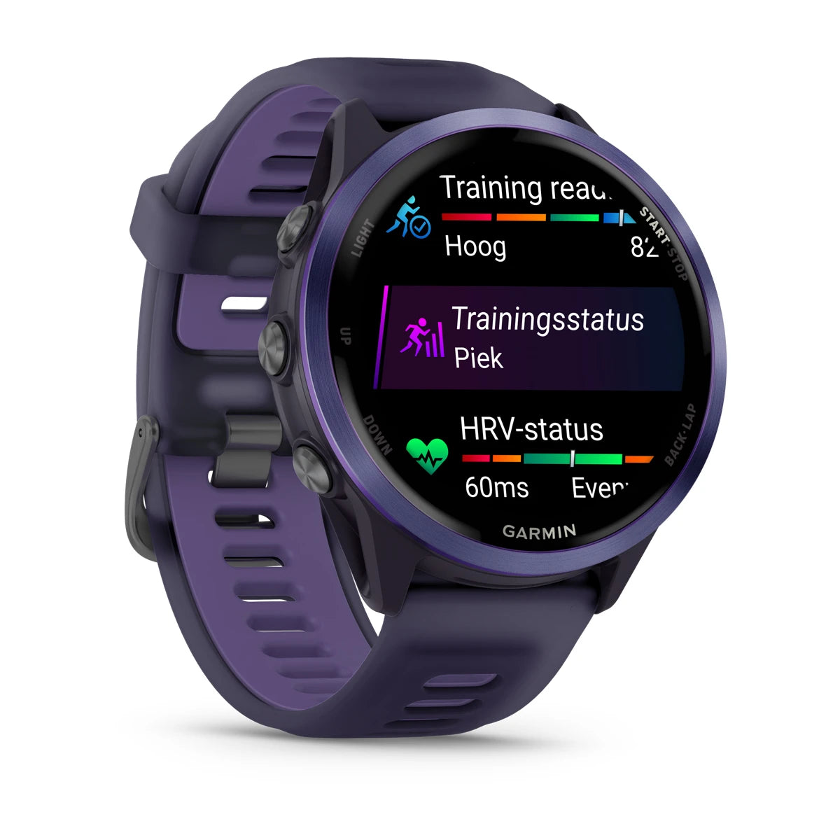 Garmin Forerunner 570 – 47 mm – Premium-Laufuhr – Indigo-Aluminium mit transparentem Armband in Imperial Purple/Indigo