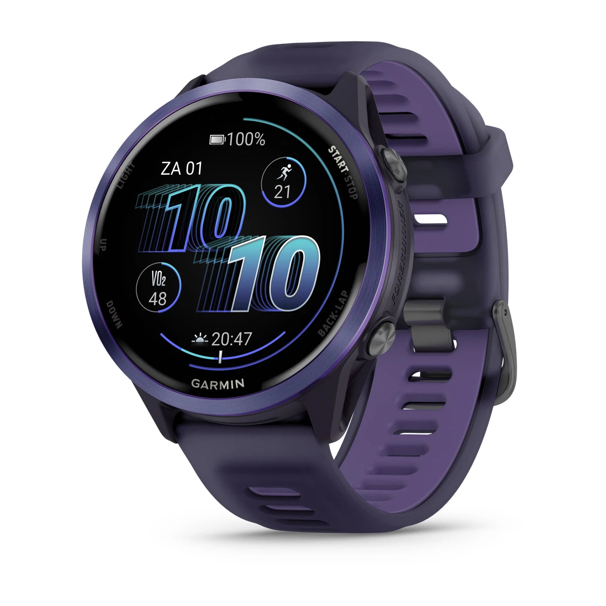 Garmin Forerunner 570 – 47 mm – Premium-Laufuhr – Indigo-Aluminium mit transparentem Armband in Imperial Purple/Indigo