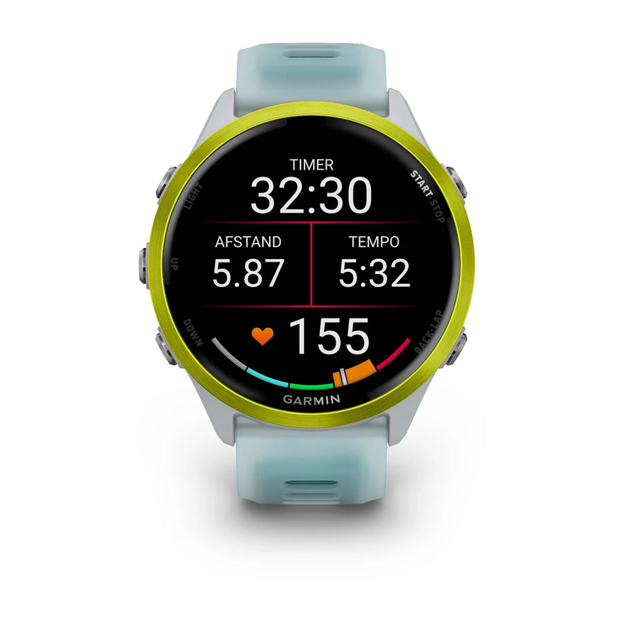 Garmin Forerunner 570 – 47 mm – Premium-Laufuhr – Amp-Gelbes Aluminium mit transparentem Whitestone/Türkis-Armband