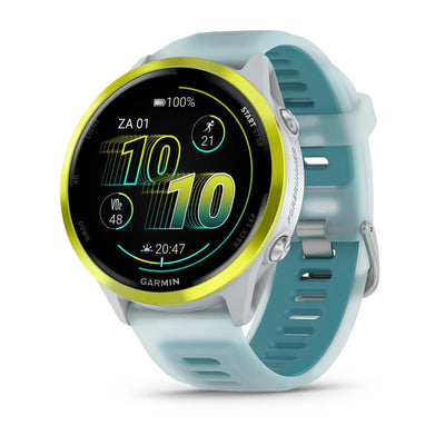 Garmin Forerunner 570 – 47 mm – Premium-Laufuhr – Amp-Gelbes Aluminium mit transparentem Whitestone/Türkis-Armband