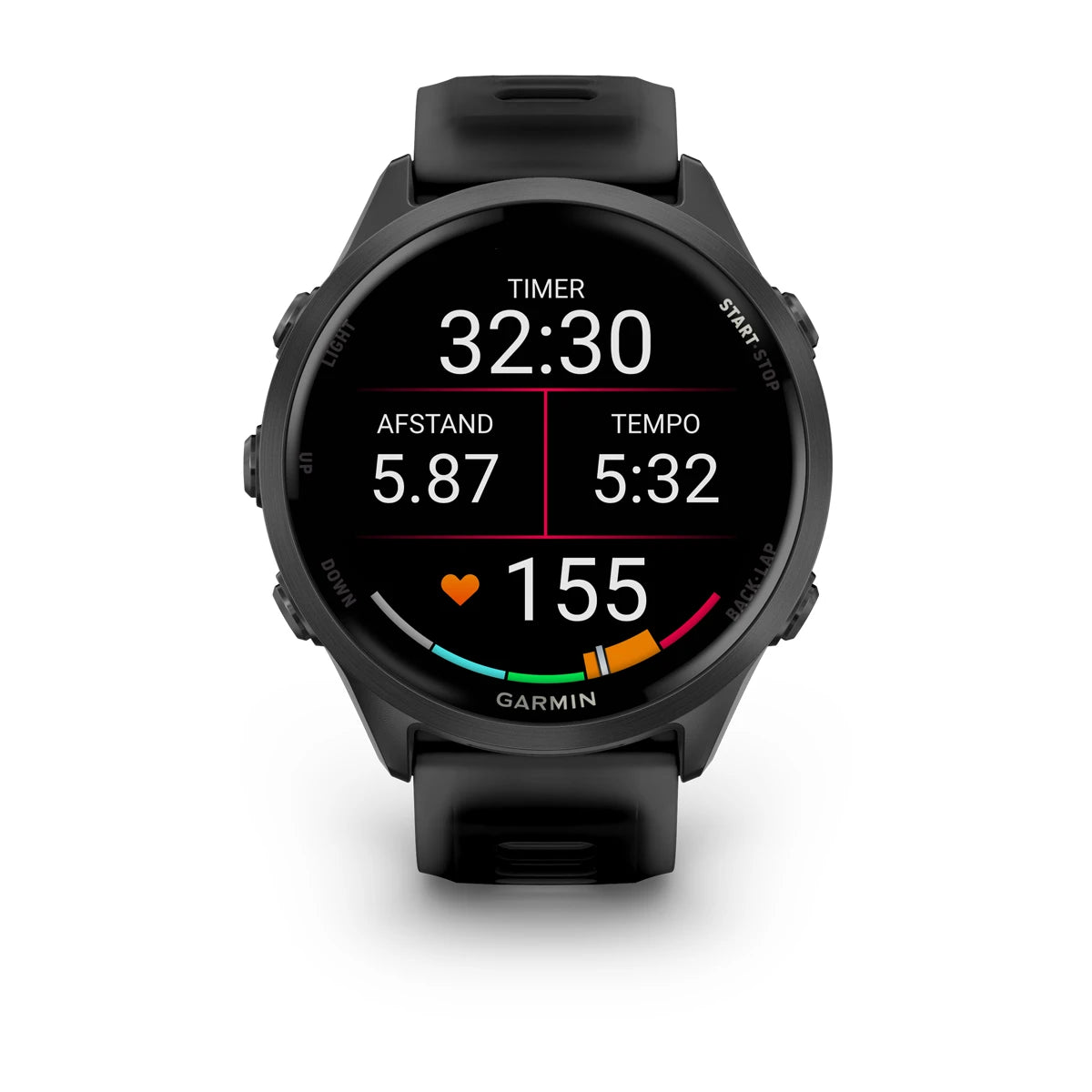 Garmin Forerunner 570 – 47 mm – Premium-Laufuhr – Schiefergraues Aluminium mit transparentem schwarz/schwarzem Armband