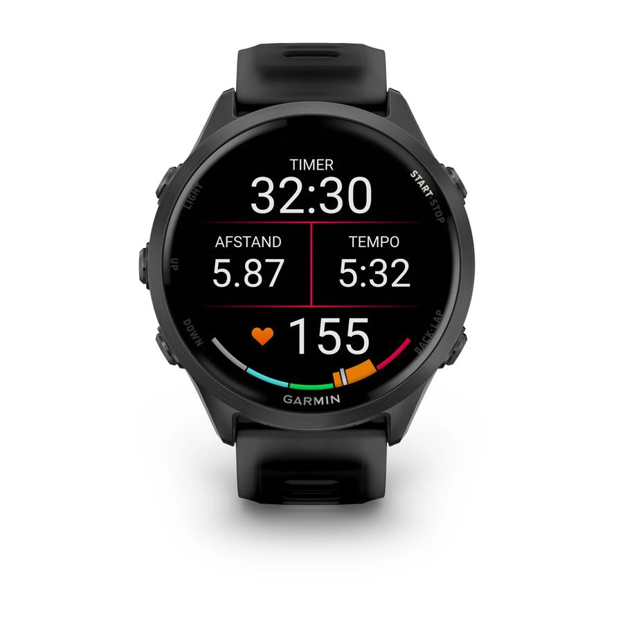 Garmin Forerunner 570 – 47 mm – Premium-Laufuhr – Schiefergraues Aluminium mit transparentem schwarz/schwarzem Armband