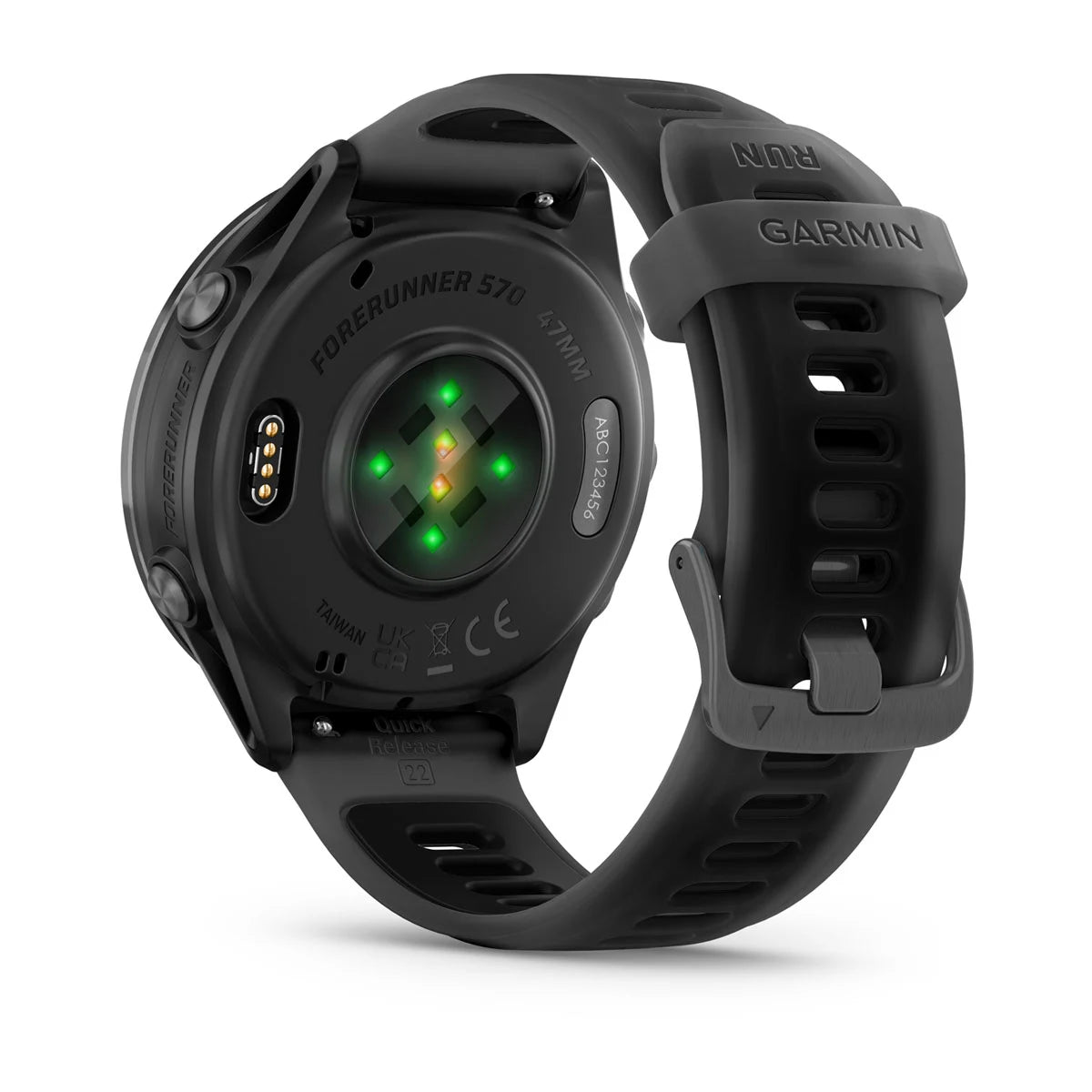 Garmin Forerunner 570 – 47 mm – Premium-Laufuhr – Schiefergraues Aluminium mit transparentem schwarz/schwarzem Armband