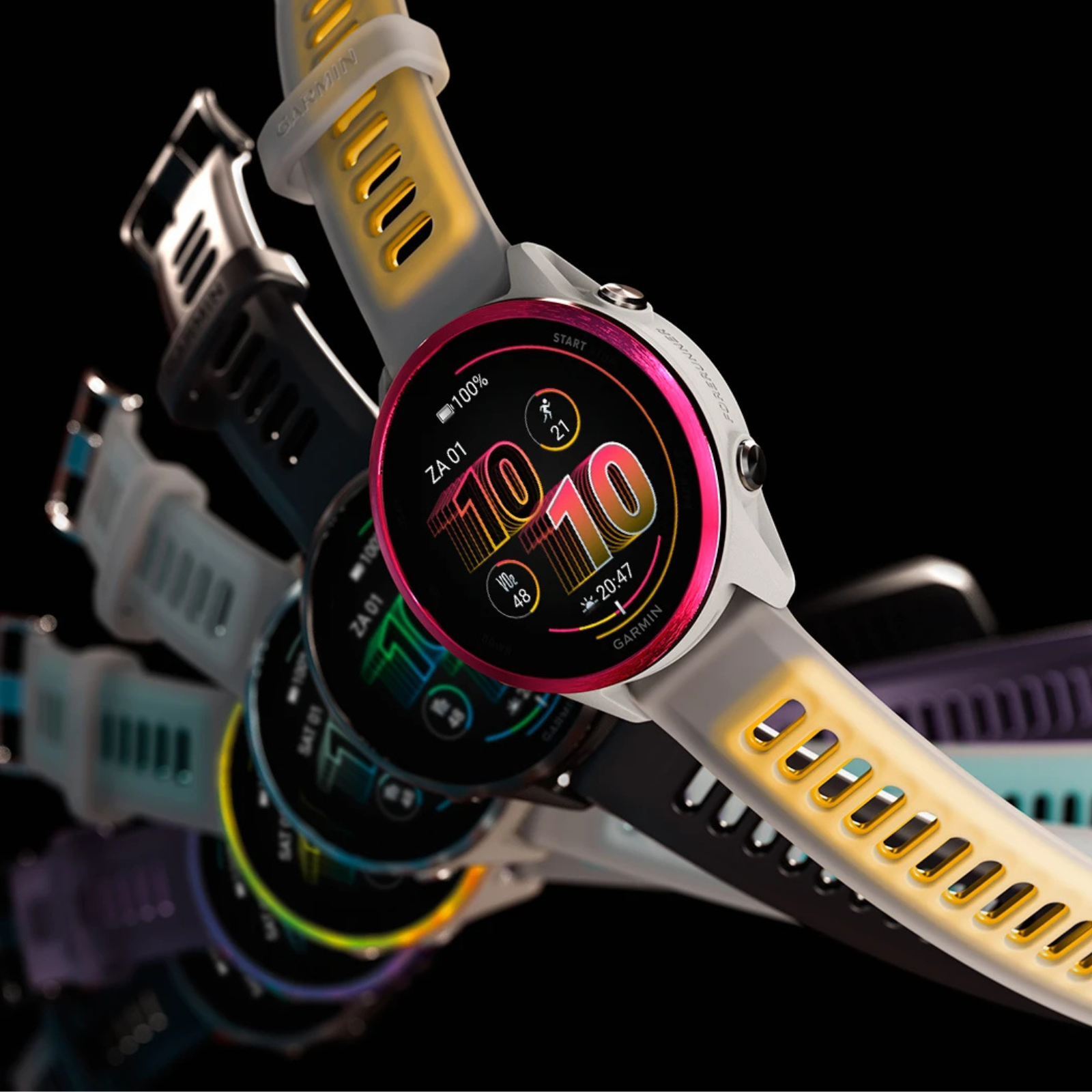 Garmin Forerunner 570 – 47 mm – Premium-Laufuhr – Schiefergraues Aluminium mit transparentem schwarz/schwarzem Armband