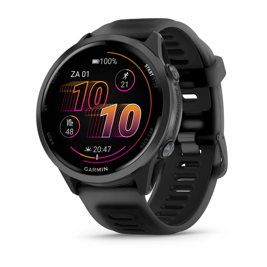 Garmin Forerunner 570 – 47 mm – Premium-Laufuhr – Schiefergraues Aluminium mit transparentem schwarz/schwarzem Armband