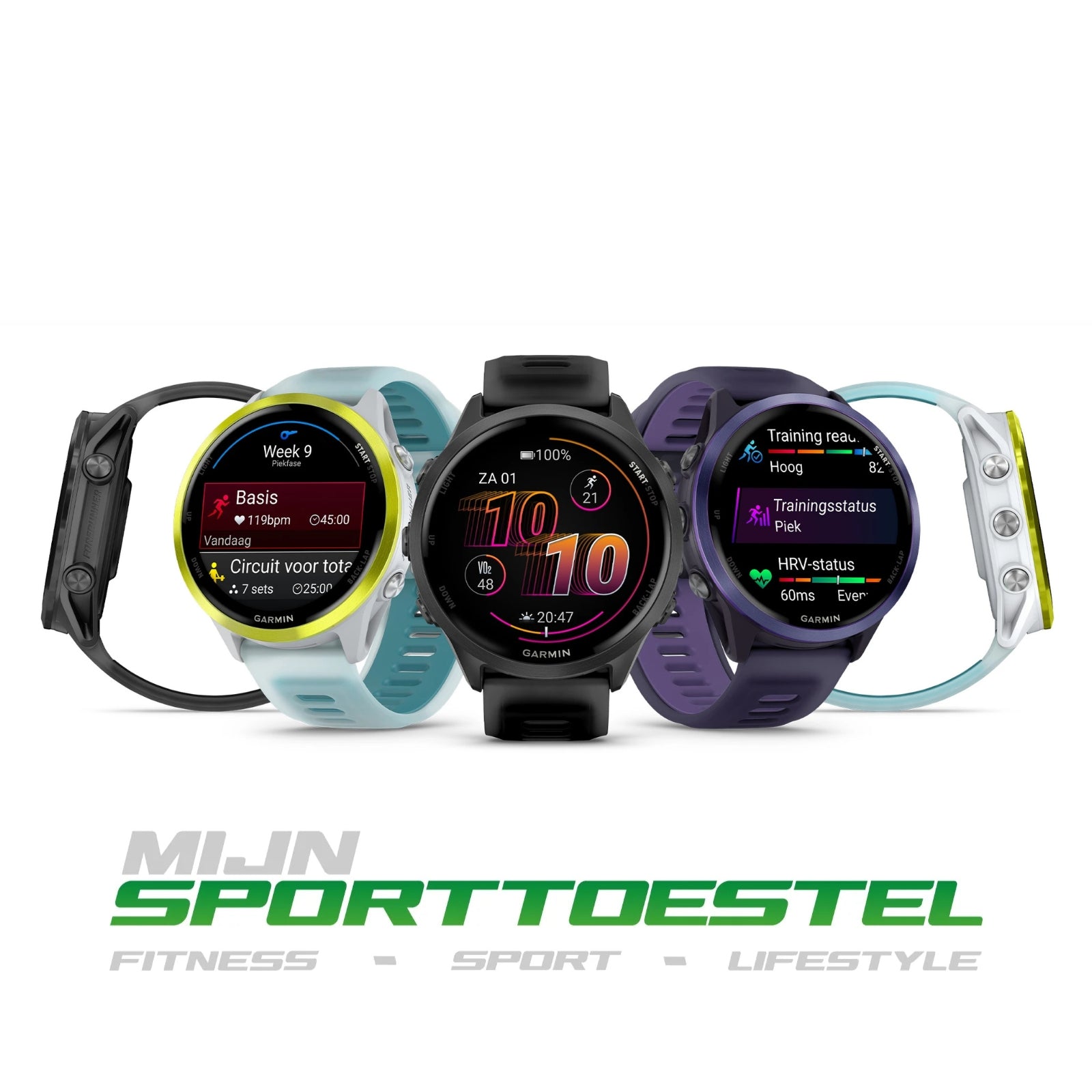 Garmin Forerunner 570 – 47 mm – Premium-Laufuhr – Amp-Gelbes Aluminium mit transparentem Whitestone/Türkis-Armband