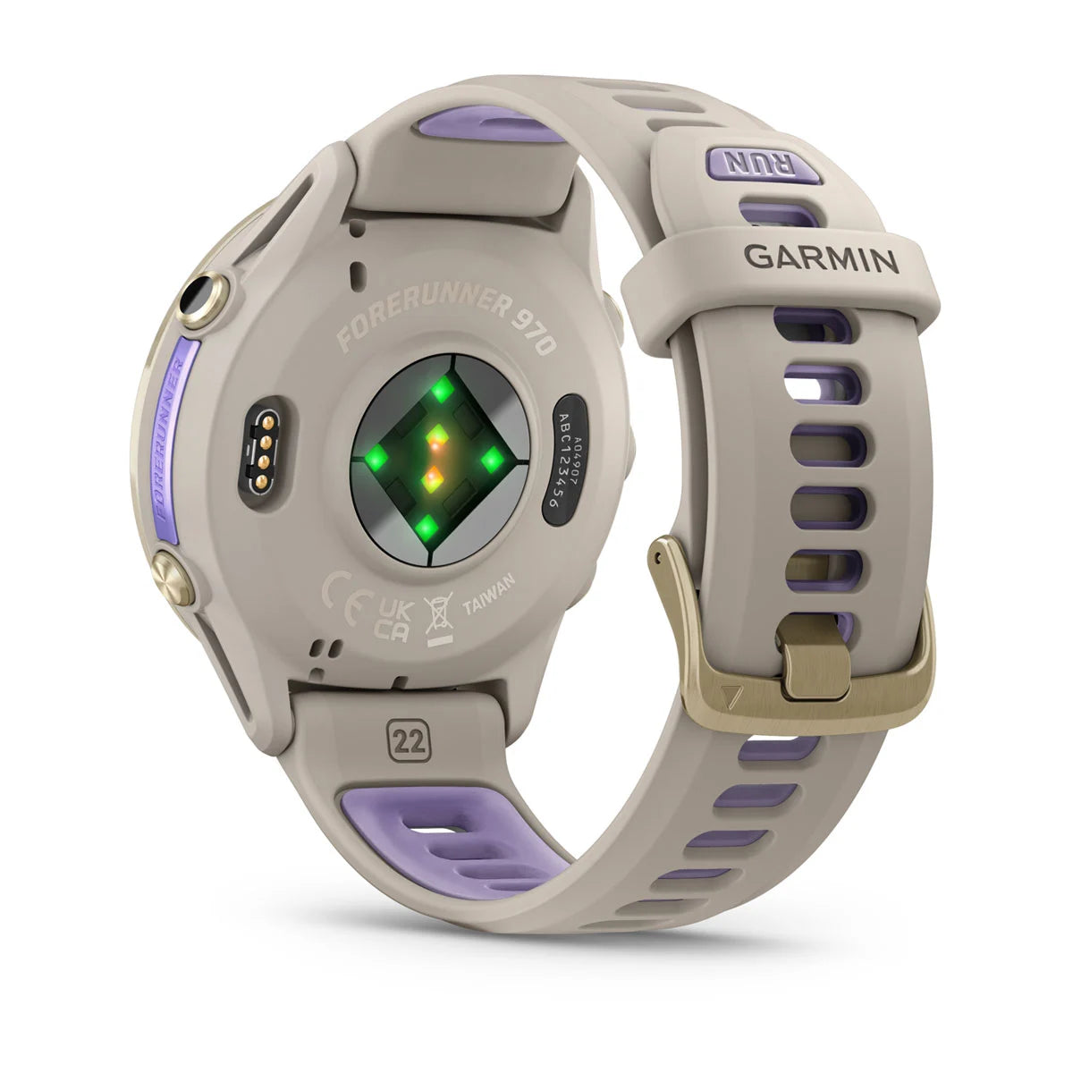 Garmin Forerunner 970 – 47 mm – Premium-Laufuhr – Weiches Goldtitan mit Gehäuse in Französischgrau und Armband in Französischgrau/transparentem Indigo
