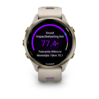 Garmin Forerunner 970 – 47 mm – Premium-Laufuhr – Weiches Goldtitan mit Gehäuse in Französischgrau und Armband in Französischgrau/transparentem Indigo