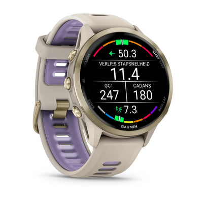 Garmin Forerunner 970 – 47 mm – Premium-Laufuhr – Weiches Goldtitan mit Gehäuse in Französischgrau und Armband in Französischgrau/transparentem Indigo