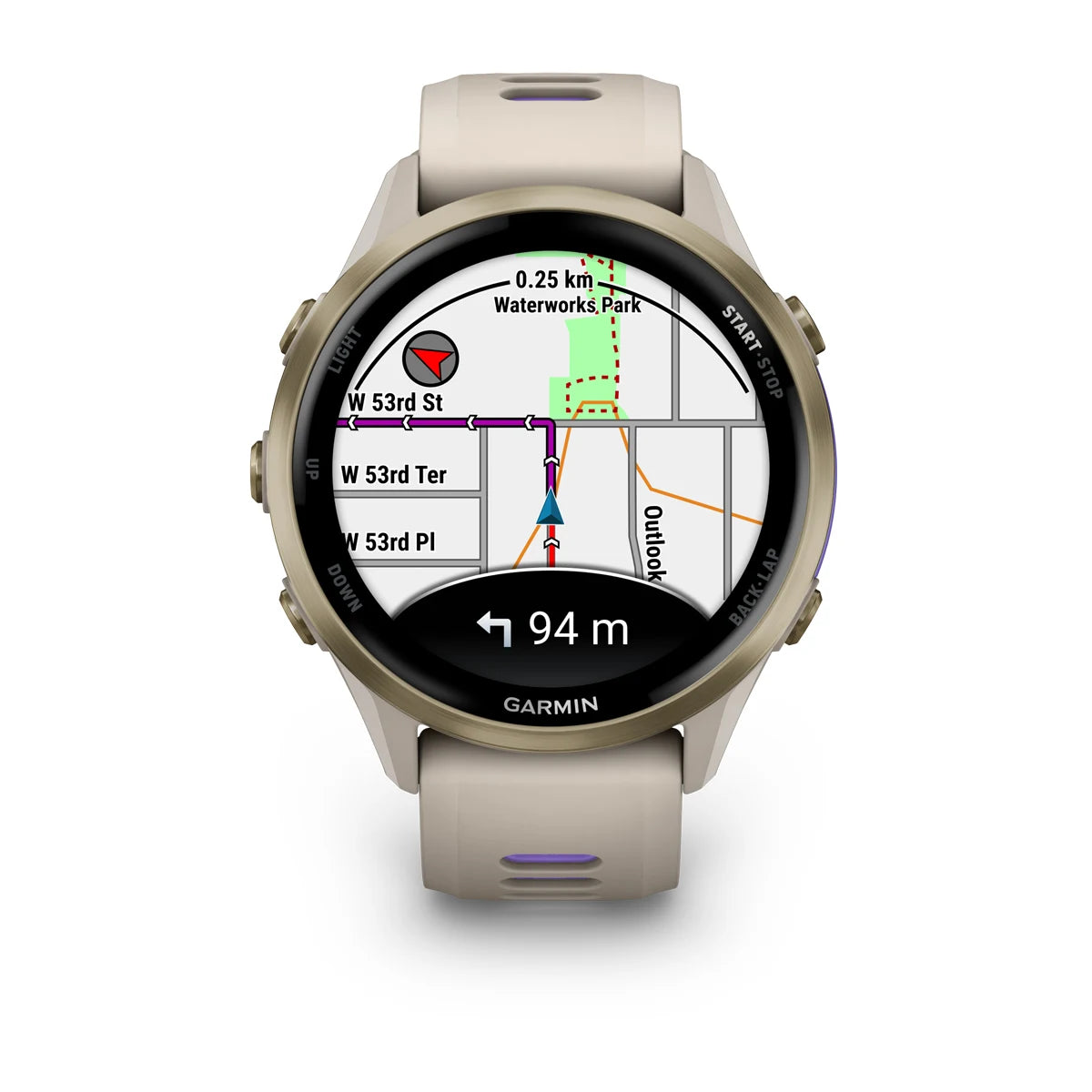 Garmin Forerunner 970 – 47 mm – Premium-Laufuhr – Weiches Goldtitan mit Gehäuse in Französischgrau und Armband in Französischgrau/transparentem Indigo
