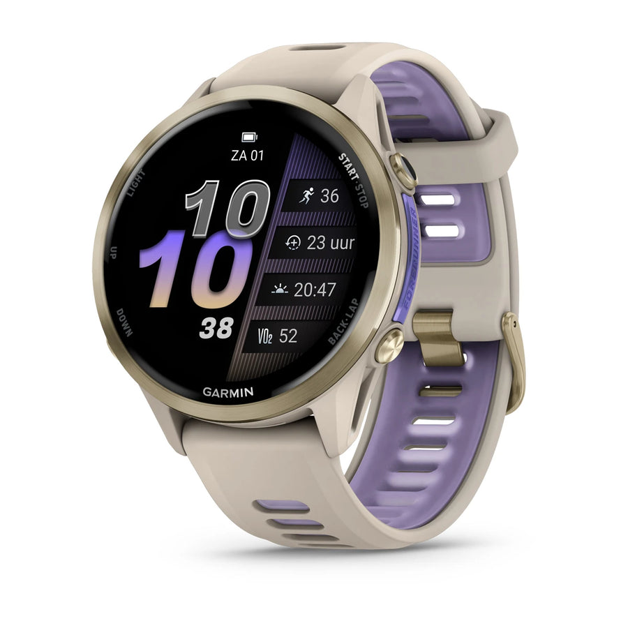 Garmin Forerunner 970 – 47 mm – Premium-Laufuhr – Weiches Goldtitan mit Gehäuse in Französischgrau und Armband in Französischgrau/transparentem Indigo