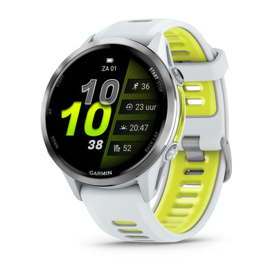 Garmin Forerunner 970 – 47 mm – Premium-Laufuhr – Titan mit Whitestone-Gehäuse und Whitestone-/transparentem und gelbem Armband