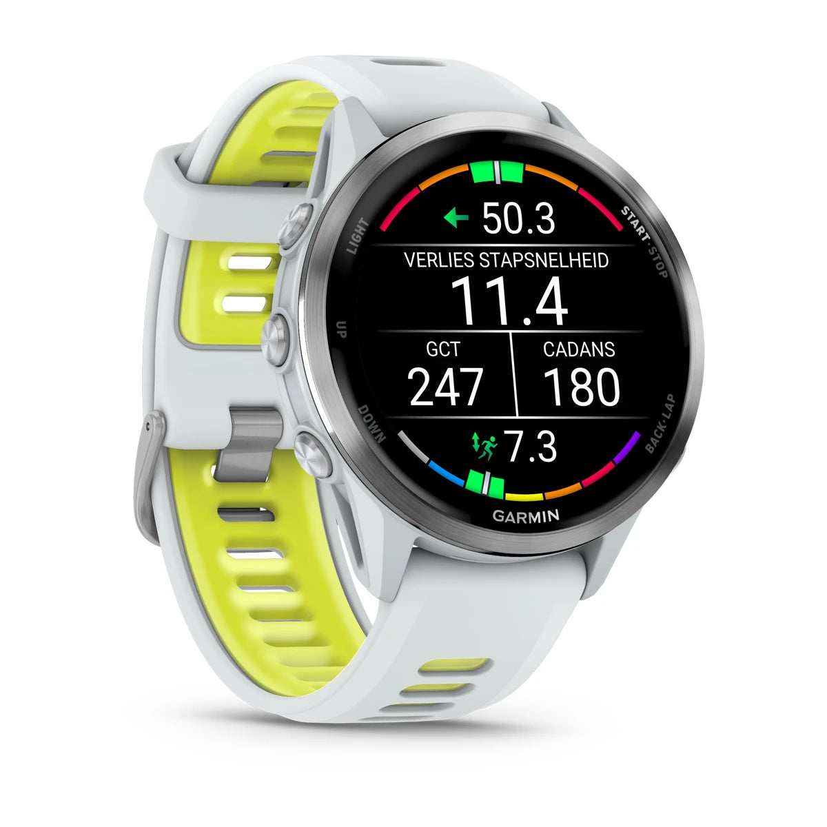 Garmin Forerunner 970 – 47 mm – Premium-Laufuhr – Titan mit Whitestone-Gehäuse und Whitestone-/transparentem und gelbem Armband
