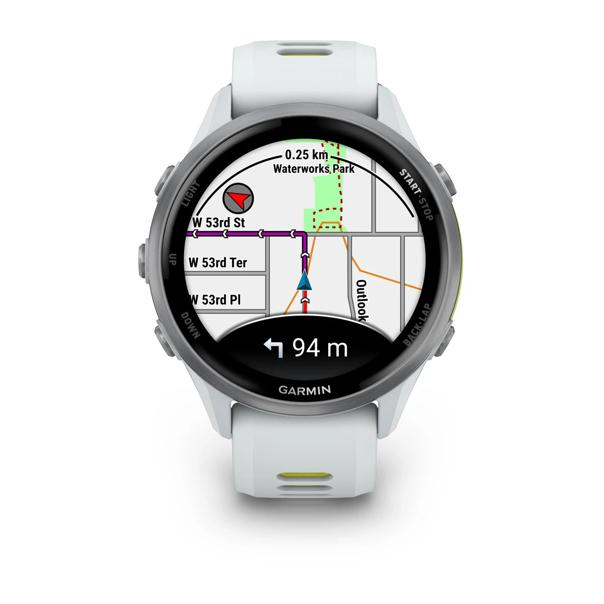 Garmin Forerunner 970 – 47 mm – Premium-Laufuhr – Titan mit Whitestone-Gehäuse und Whitestone-/transparentem und gelbem Armband