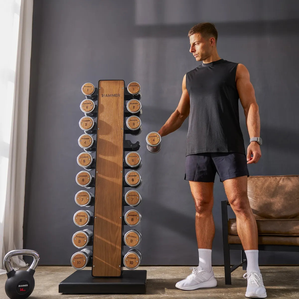 Hammer Maximum Haltertoren Exclusive - Dumbbells met opslagrek - Eikenhout