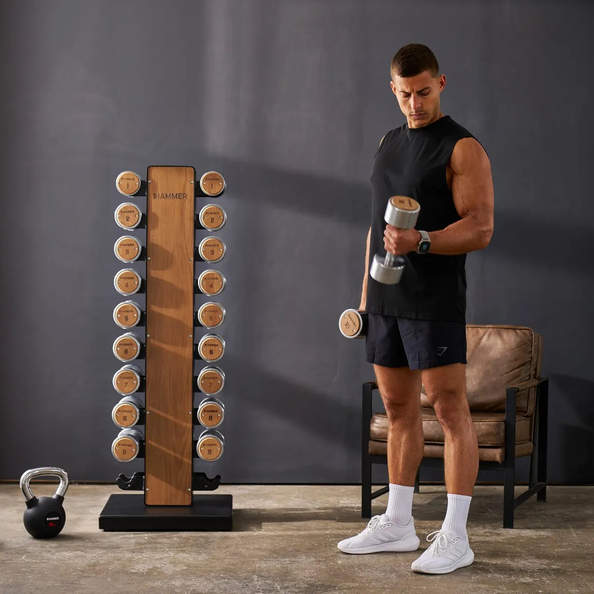 Hammer Maximum Haltertoren Exclusive - Dumbbells met opslagrek - Eikenhout