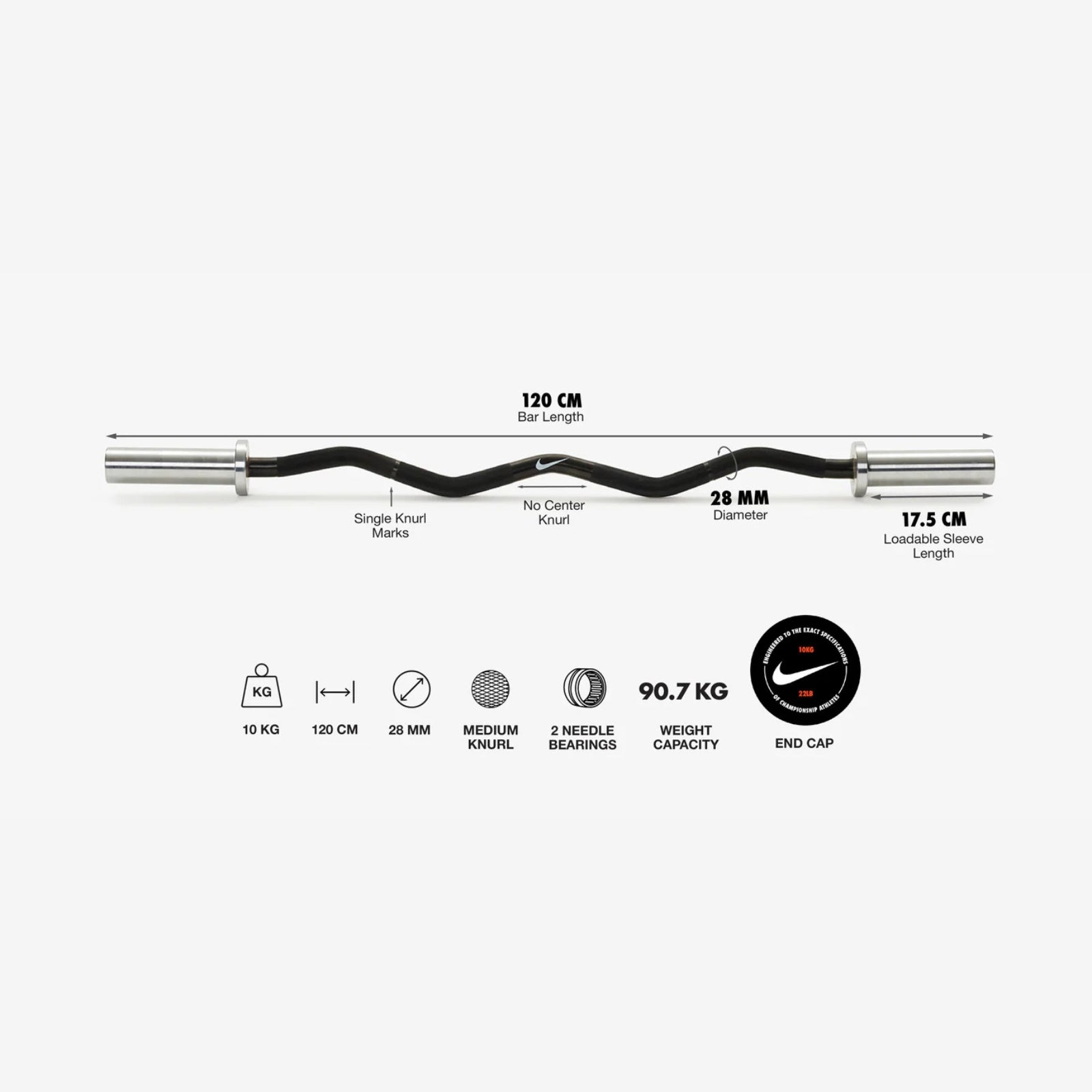 Nike Strength Curlstange 10 kg - Schwarz / Schwarzer Swoosh