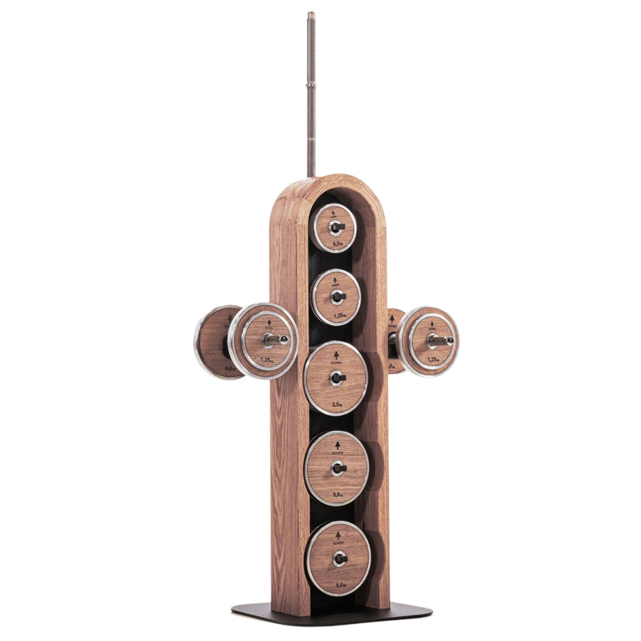 NOHRD Hantelscheibenturm Vintage Eiche – Set mit Gungnir-Hanteln und Langhantel – gebeizte Eiche