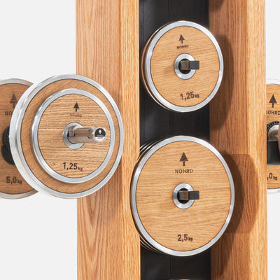 NOHRD Hantelscheiben-Turm-Eiche – Set mit Gungnir-Hanteln und Langhantel – Eiche